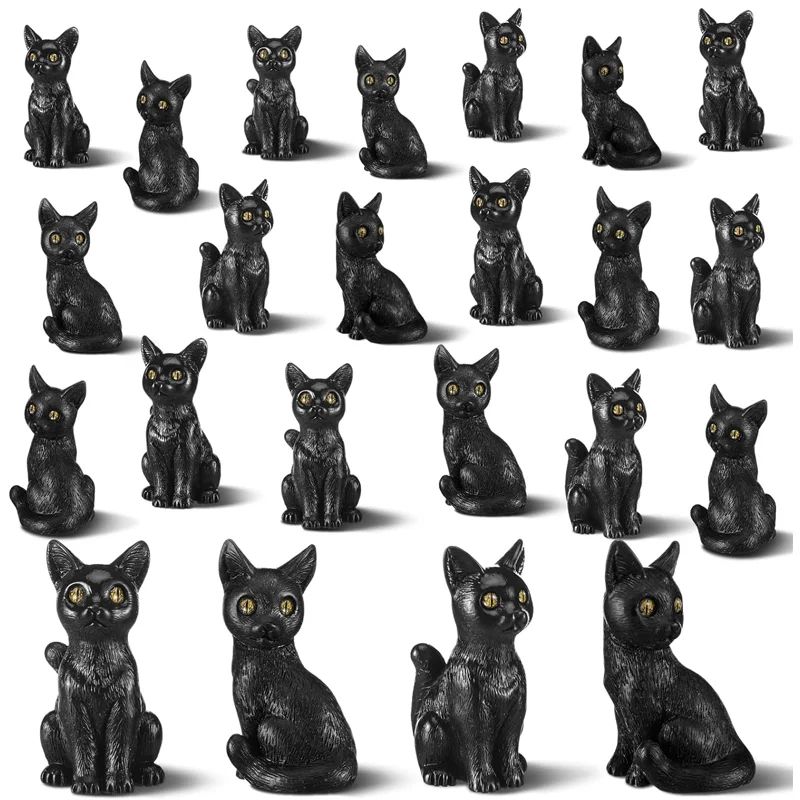 Black Cat Resin Figurines Set of 2 | Turn Head & Sitting Designs | Mini Halloween Decor for Shelves & Fairy Gardens