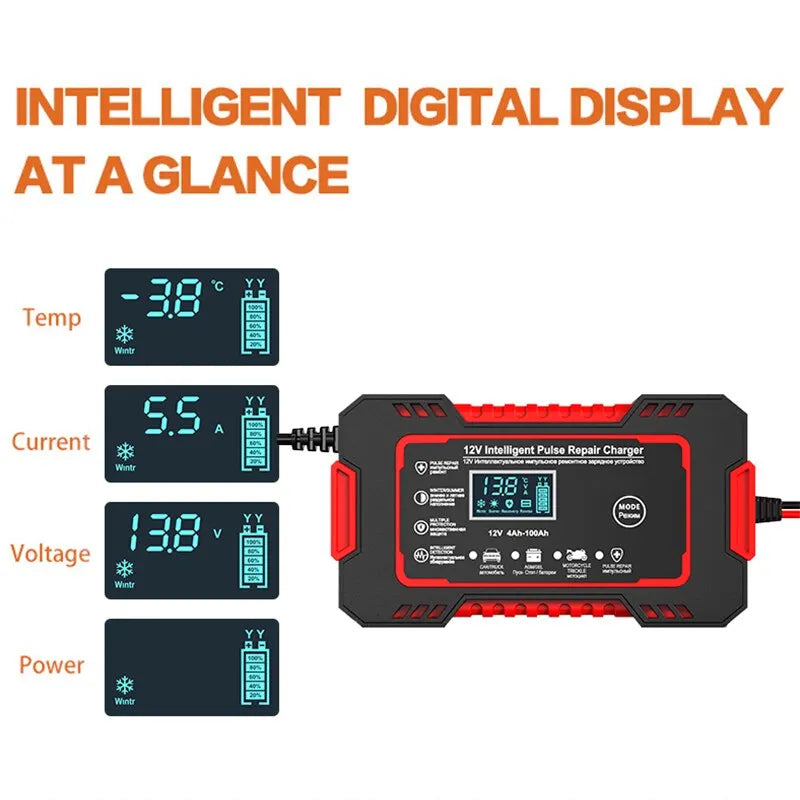 Car Battery Charger 12V 6A | Smart Pulse Charging & LCD Display | Compatible with AGM, Gel & Lead-Acid Batteries