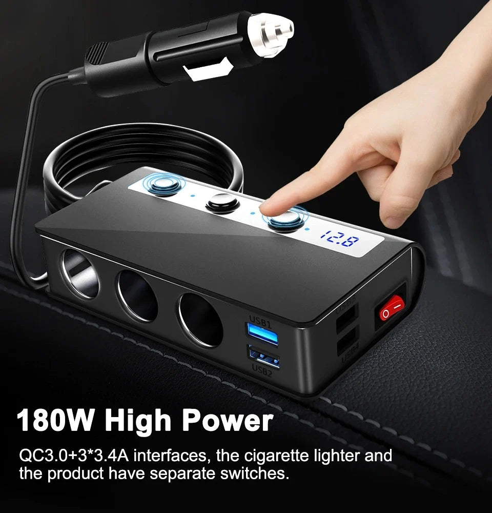 Car Fast Charger Adapter | Three Sockets, Four Ports