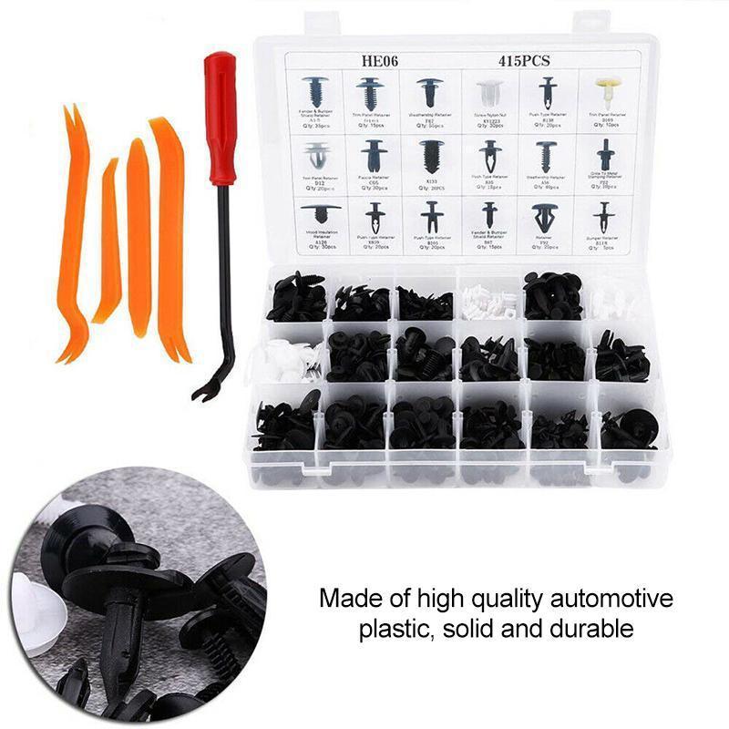 Car Fastener Clip Set Nylon | 18 Sizes, Up to 415 Pieces | Trim Removal Tool for Bumpers, Side Skirts and Panels