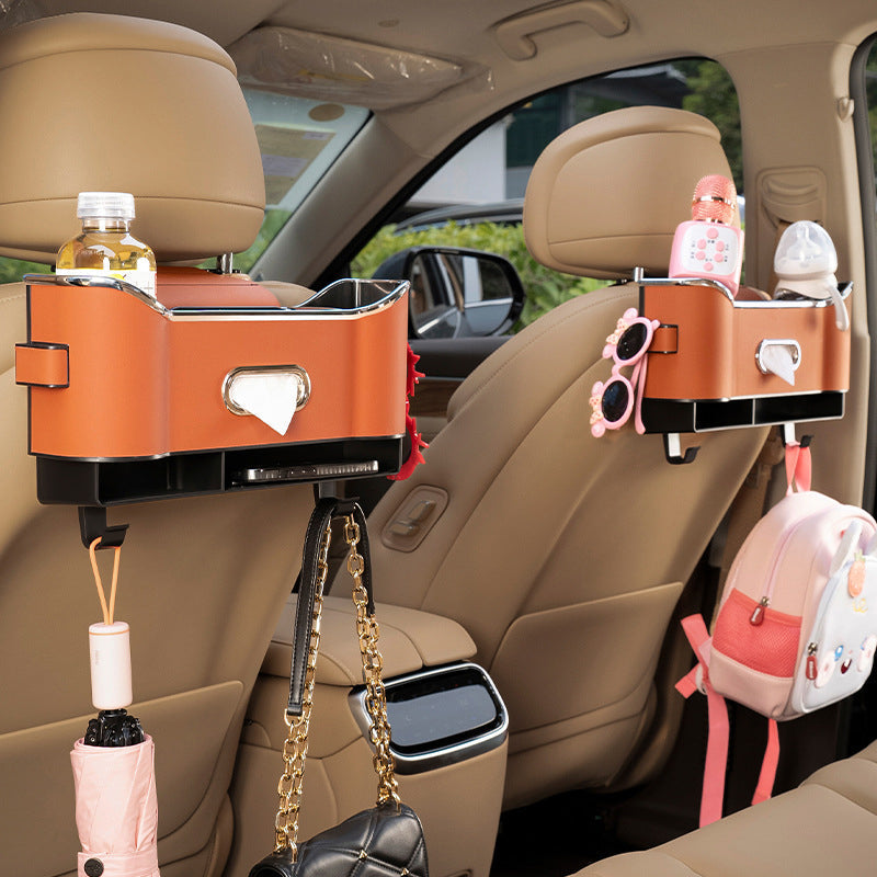 Car Seat Back Storage Box Leather | Hanging Organiser with Partitions and Hooks | Keeps Items Within Easy Reach