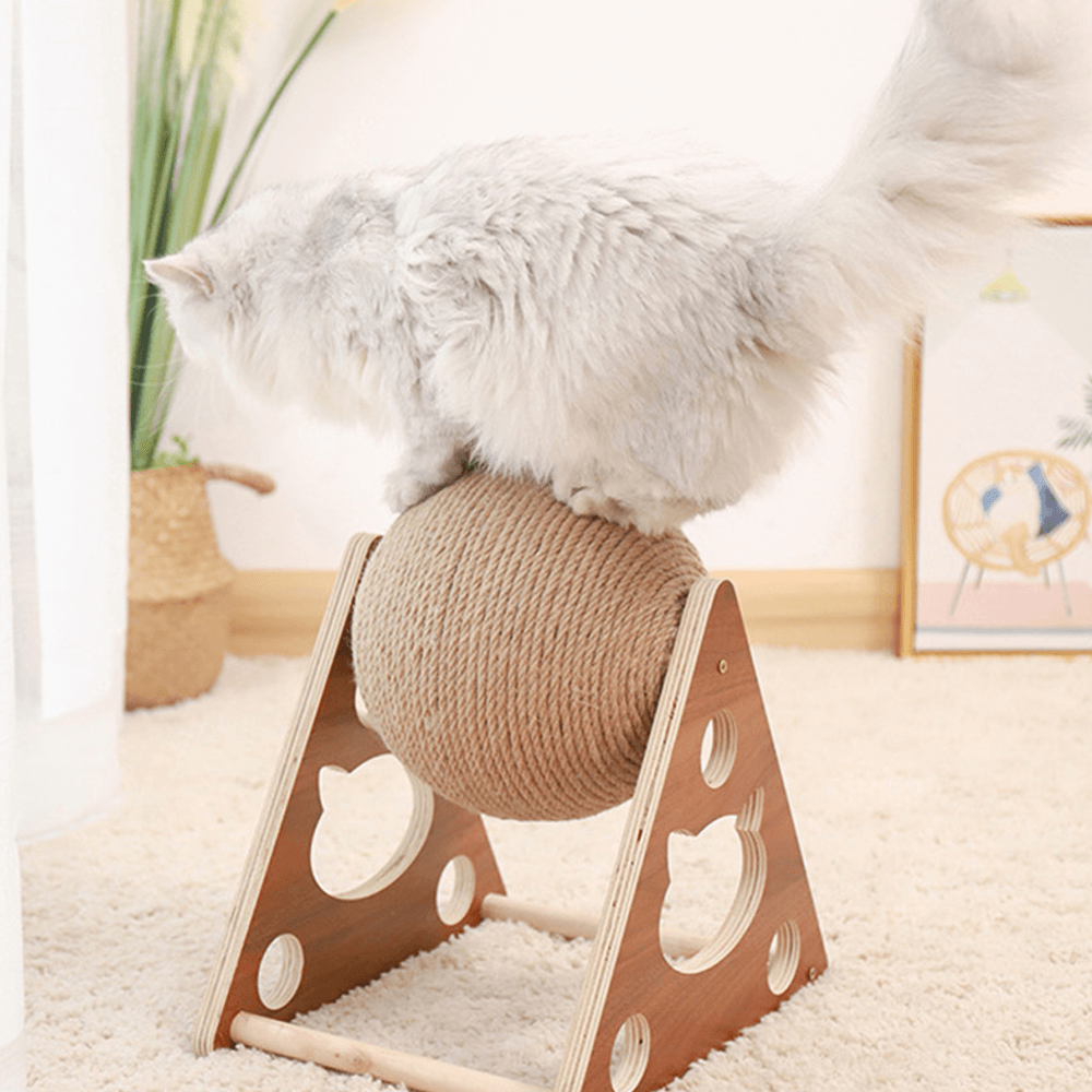 Cat Scratching Ball Toy Hemp Rope | Spinning Exercise Ball & Wooden Stand | Protects Men's Furniture From Scratches