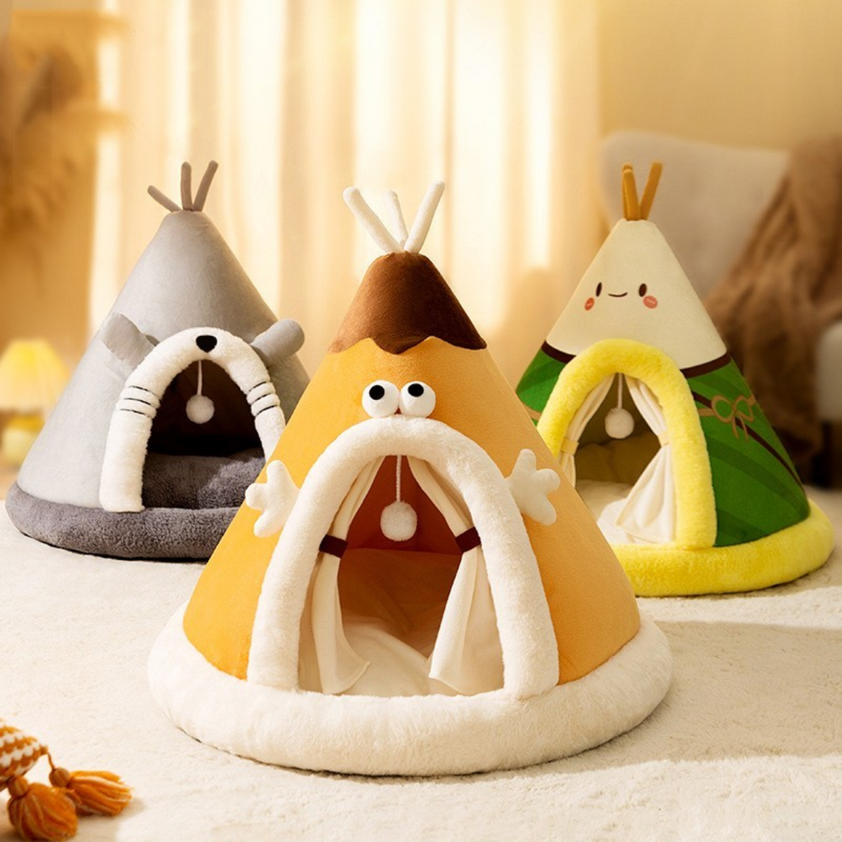 Cat Tent Bed Plush Fleece Teepee | Removable Cushion, Hanging Toy, Arched Opening | Indoor & Outdoor Pet Shelter Design