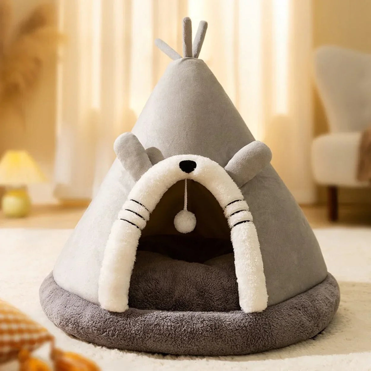 Cat Tent Bed Plush Fleece Teepee | Removable Cushion, Hanging Toy, Arched Opening | Indoor & Outdoor Pet Shelter Design