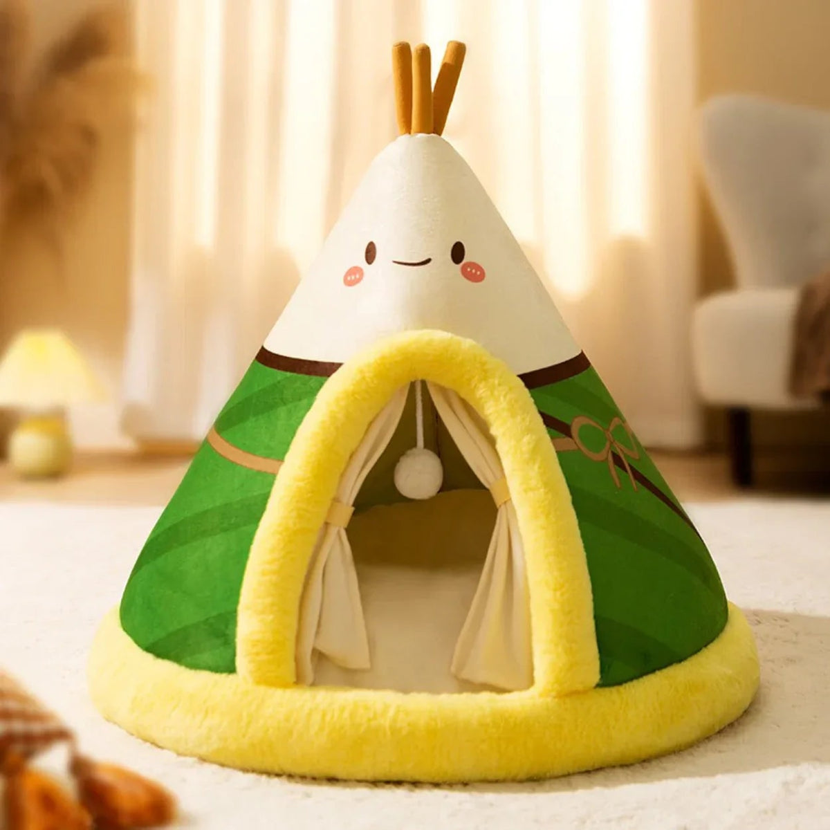 Cat Tent Bed Plush Fleece Teepee | Removable Cushion, Hanging Toy, Arched Opening | Indoor & Outdoor Pet Shelter Design