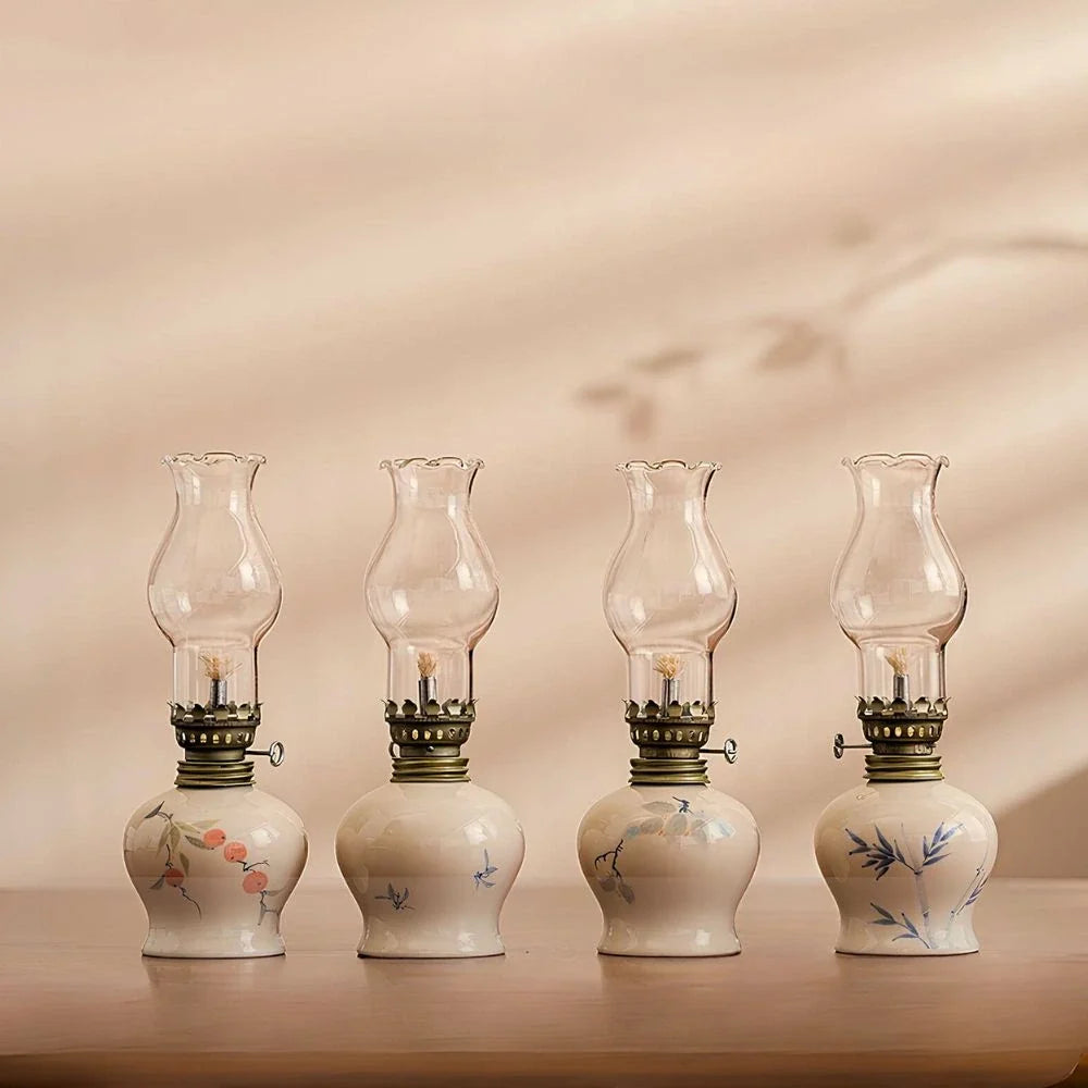 Ceramic Oil Lantern with Glass Shade, 18 cm | Adjustable Wick Flame, Bud or Classic Shape | Windproof Ambient Lighting