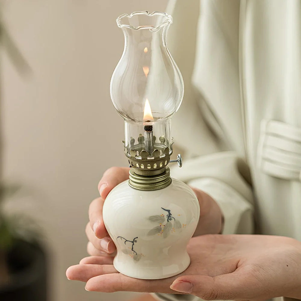 Ceramic Oil Lantern with Glass Shade, 18 cm | Adjustable Wick Flame, Bud or Classic Shape | Windproof Ambient Lighting