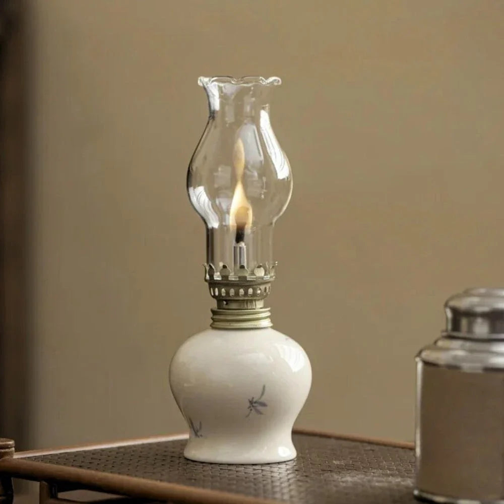 Ceramic Oil Lantern with Glass Shade, 18 cm | Adjustable Wick Flame, Bud or Classic Shape | Windproof Ambient Lighting