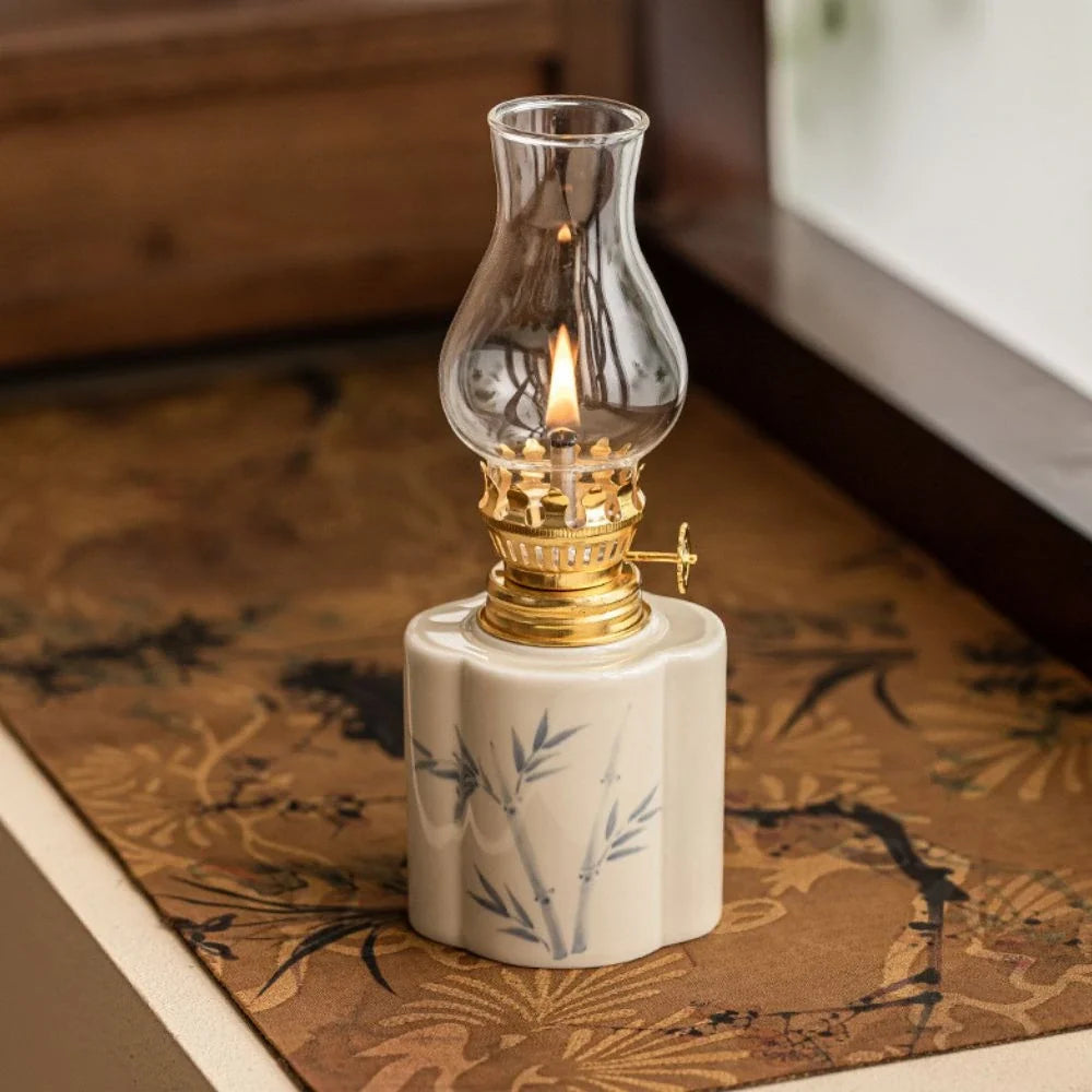 Ceramic Oil Lantern with Glass Shade, 18 cm | Adjustable Wick Flame, Bud or Classic Shape | Windproof Ambient Lighting