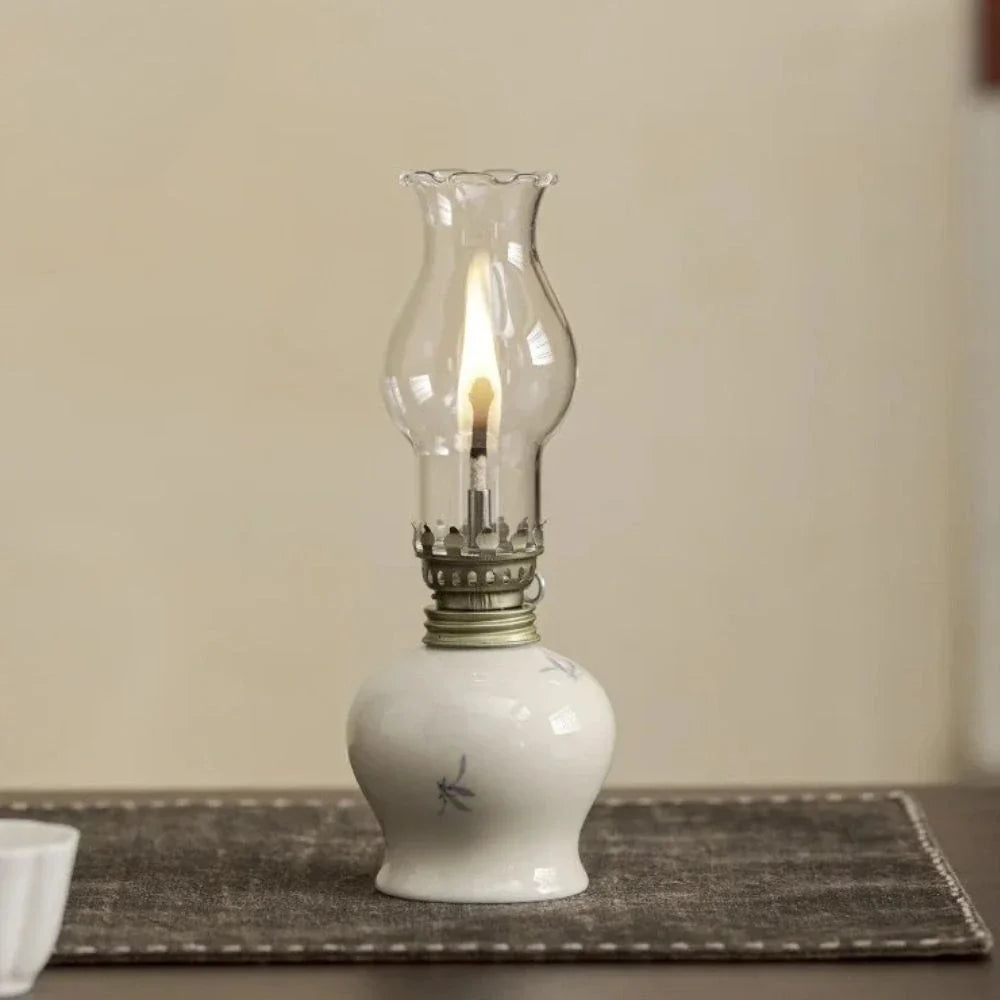 Ceramic Oil Lantern with Glass Shade, 18 cm | Adjustable Wick Flame, Bud or Classic Shape | Windproof Ambient Lighting