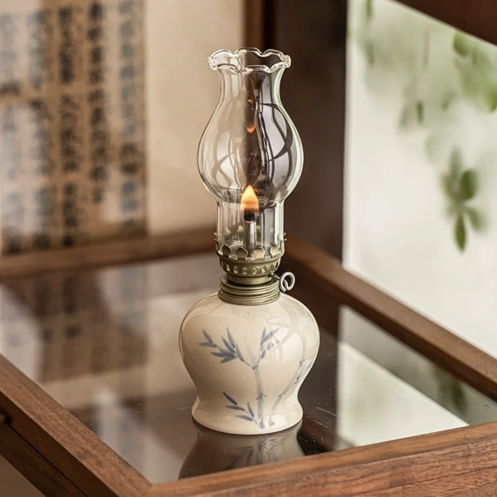 Ceramic Oil Lantern with Glass Shade, 18 cm | Adjustable Wick Flame, Bud or Classic Shape | Windproof Ambient Lighting