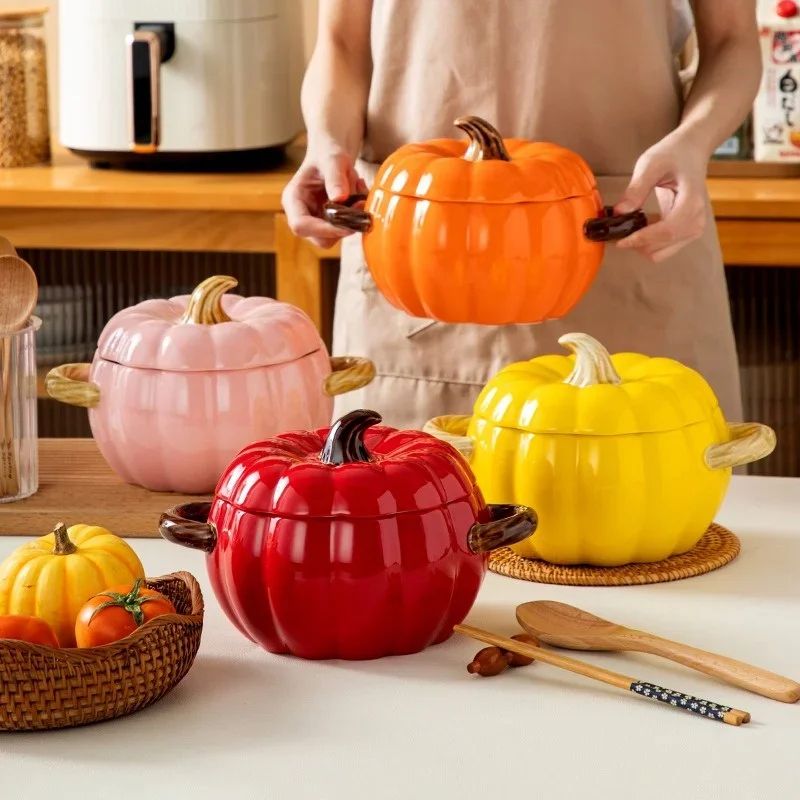 Ceramic Pumpkin Soup Bowl with Lid | Halloween Serving Pot with Side Handles | Keeps Soup, Ramen & Stew Warm Longer