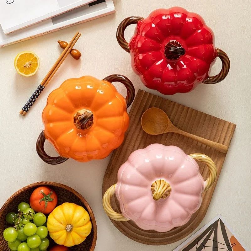 Ceramic Pumpkin Soup Bowl with Lid | Halloween Serving Pot with Side Handles | Keeps Soup, Ramen & Stew Warm Longer
