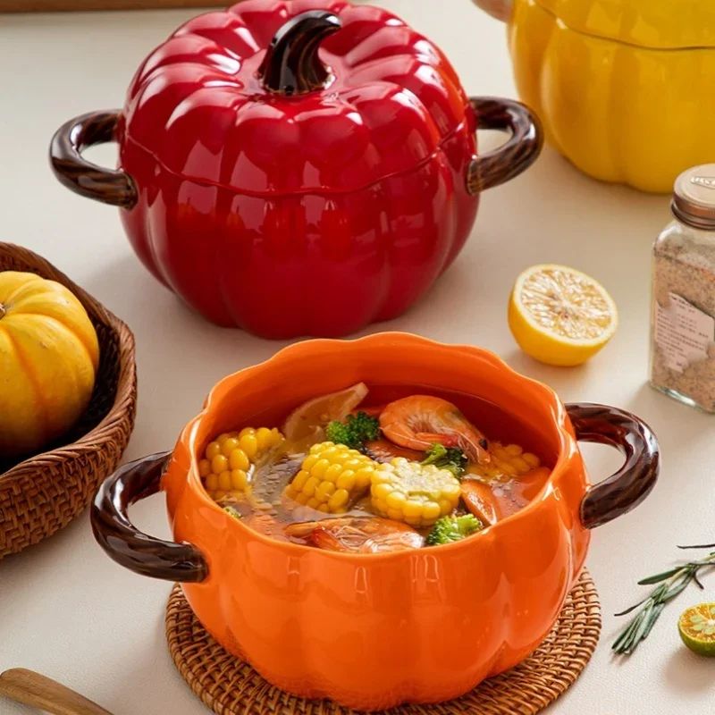 Ceramic Pumpkin Soup Bowl with Lid | Halloween Serving Pot with Side Handles | Keeps Soup, Ramen & Stew Warm Longer