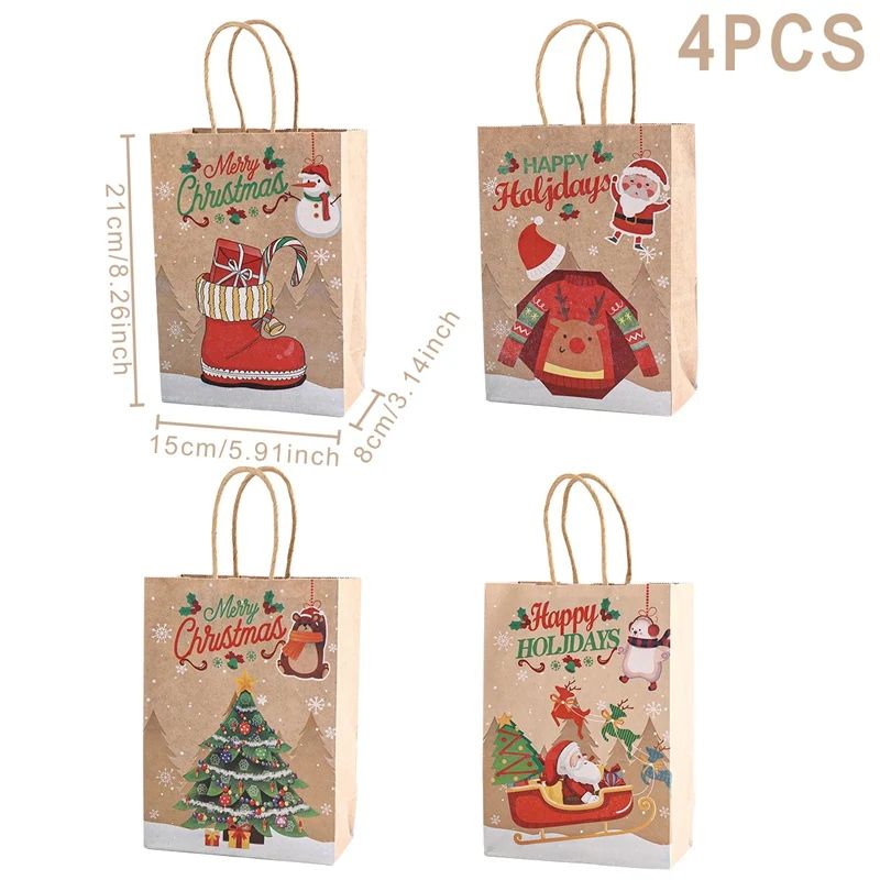 Christmas Kraft Paper Gift Bags with Handles | Set of 4 Festive Holiday Designs | Reusable & Recyclable Kraft Paper