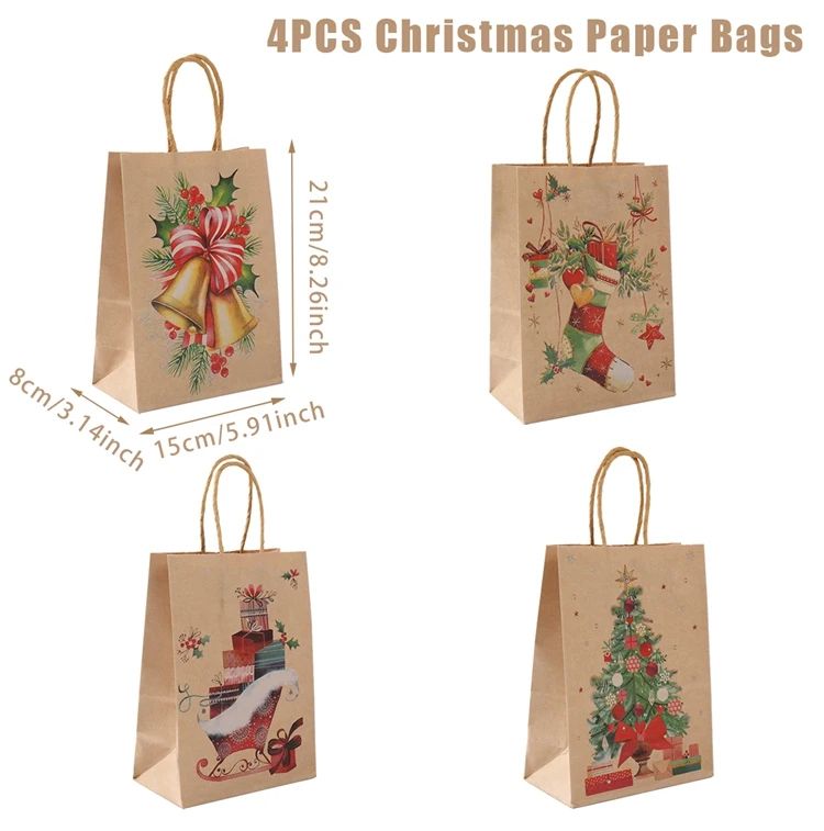 Christmas Kraft Paper Gift Bags with Handles | Set of 4 Festive Holiday Designs | Reusable & Recyclable Kraft Paper