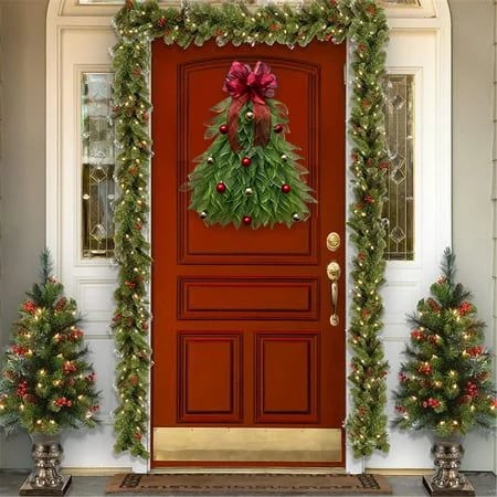 Christmas Tree Door Garland | 40 x 20 cm | Handmade Weatherproof Burlap with Bow, Berries & Warm Light Options