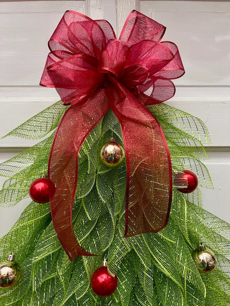 Christmas Tree Door Garland | 40 x 20 cm | Handmade Weatherproof Burlap with Bow, Berries & Warm Light Options