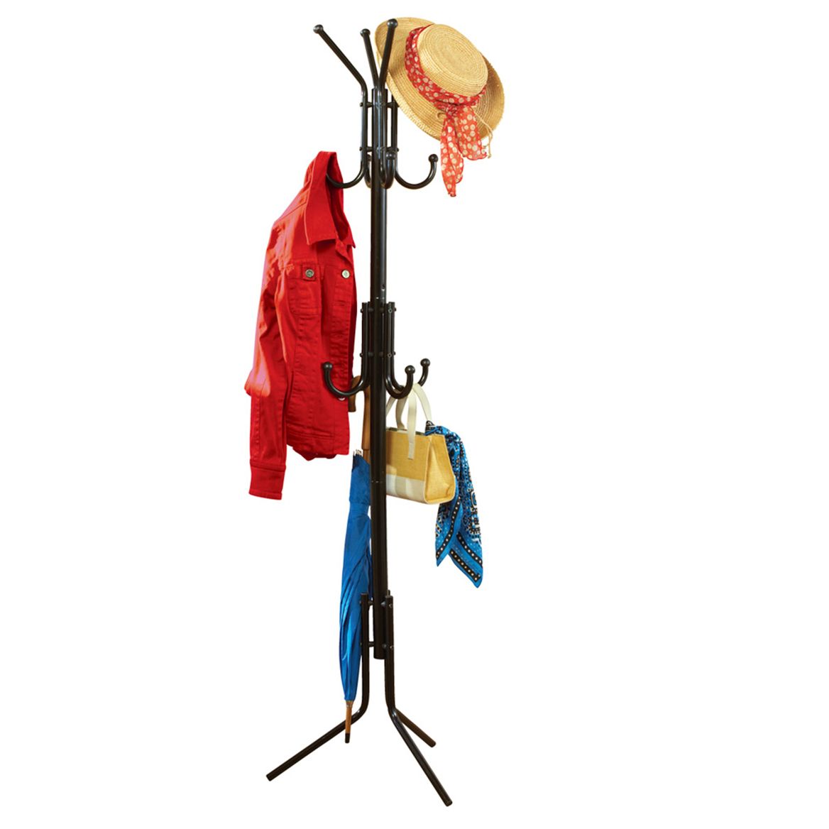 Coat Rack Iron Stand 176.5 cm Tall | 11 Hooks for Hats, Coats and Umbrellas | Round Base, Freestanding Entryway Design