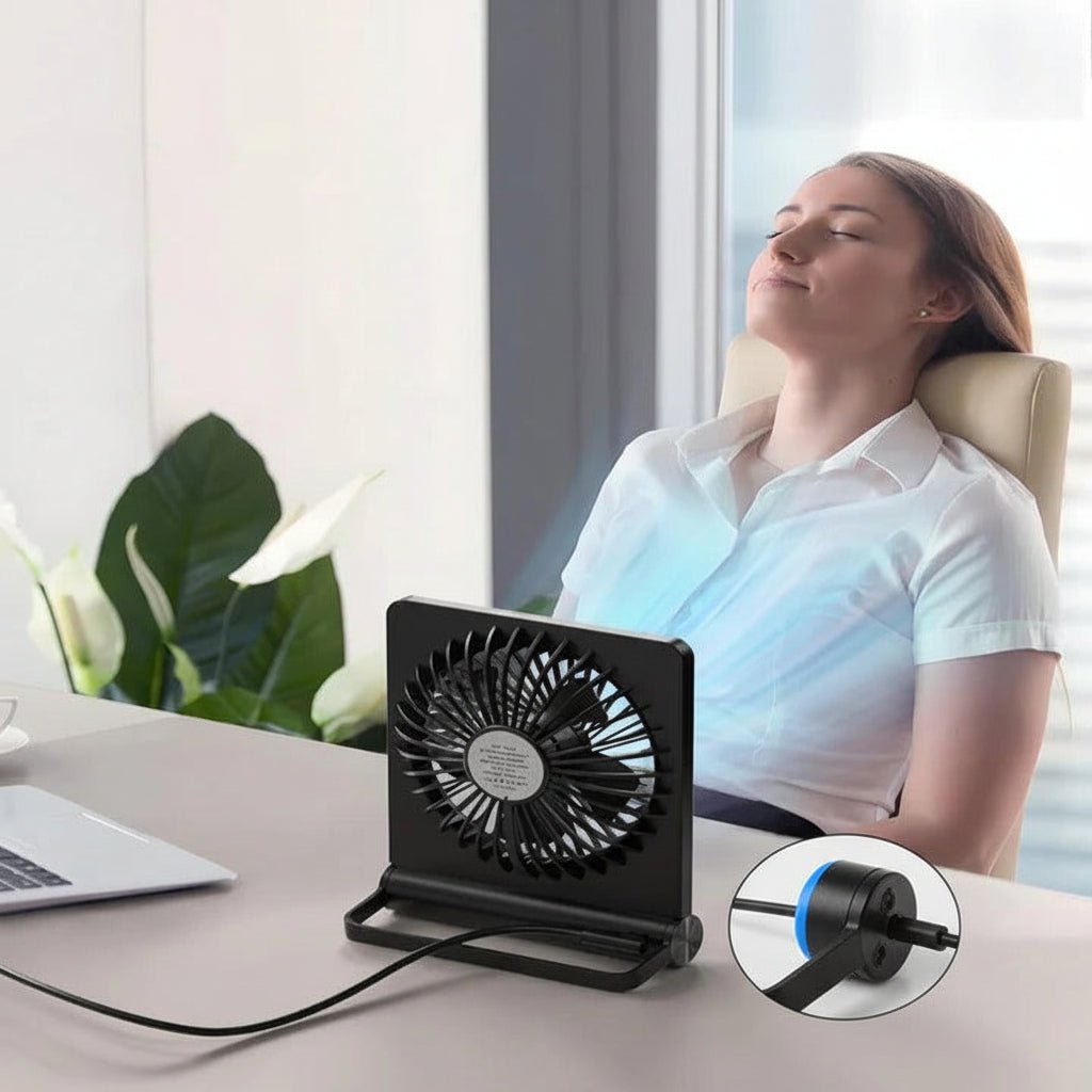 Compact USB Desk Fan | Flat Panel Body, Tilting Base