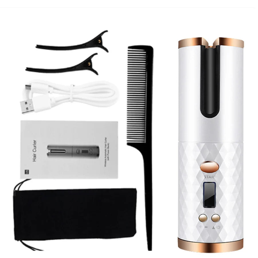 Cordless Curling Iron Rechargeable Ceramic LCD Display with USB-C Charging