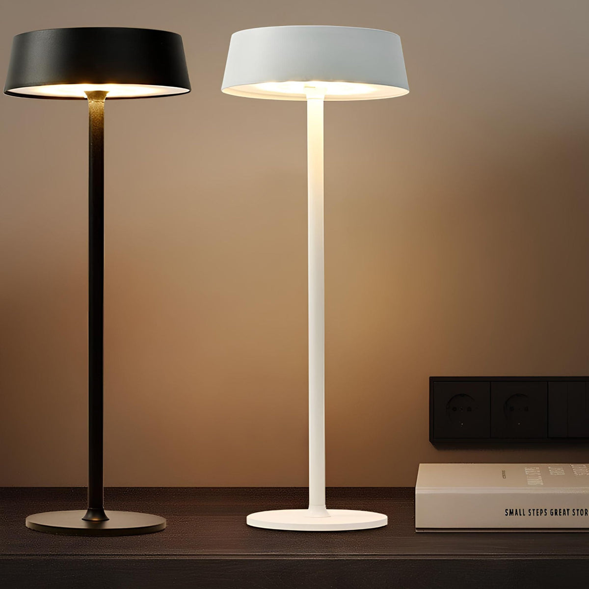Cordless Rechargeable Table Lamp, Iron Build, 25 x 13 cm | Black, White or Brown | Dimmable with 3 Lighting Modes