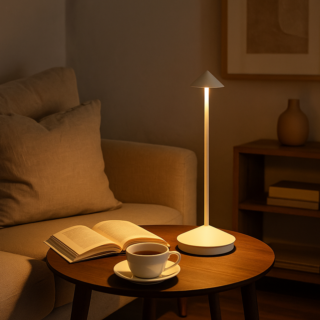 Cordless Rechargeable Table Lamp in Aluminium | Touch Dimmer, 4 Colours | Warm White LED, Indoor and Outdoor Use