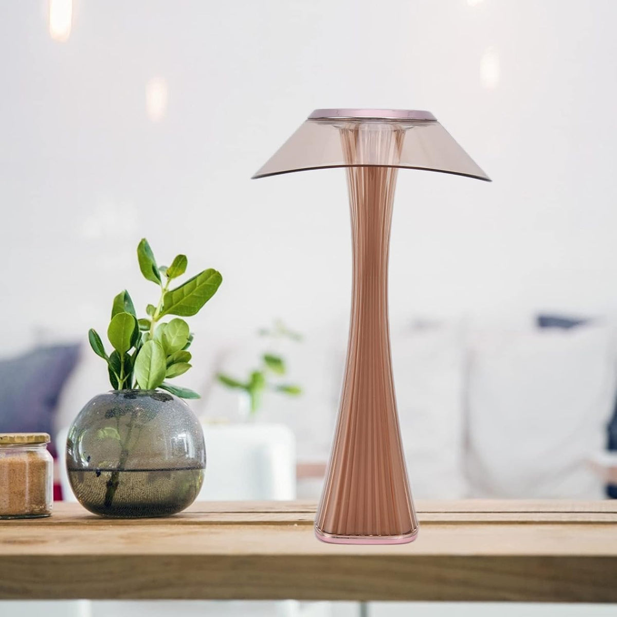 Cordless Table Lamp ABS | Rose Gold or Black, Curved Design | Rechargeable, 3-Colour Dimmable Light