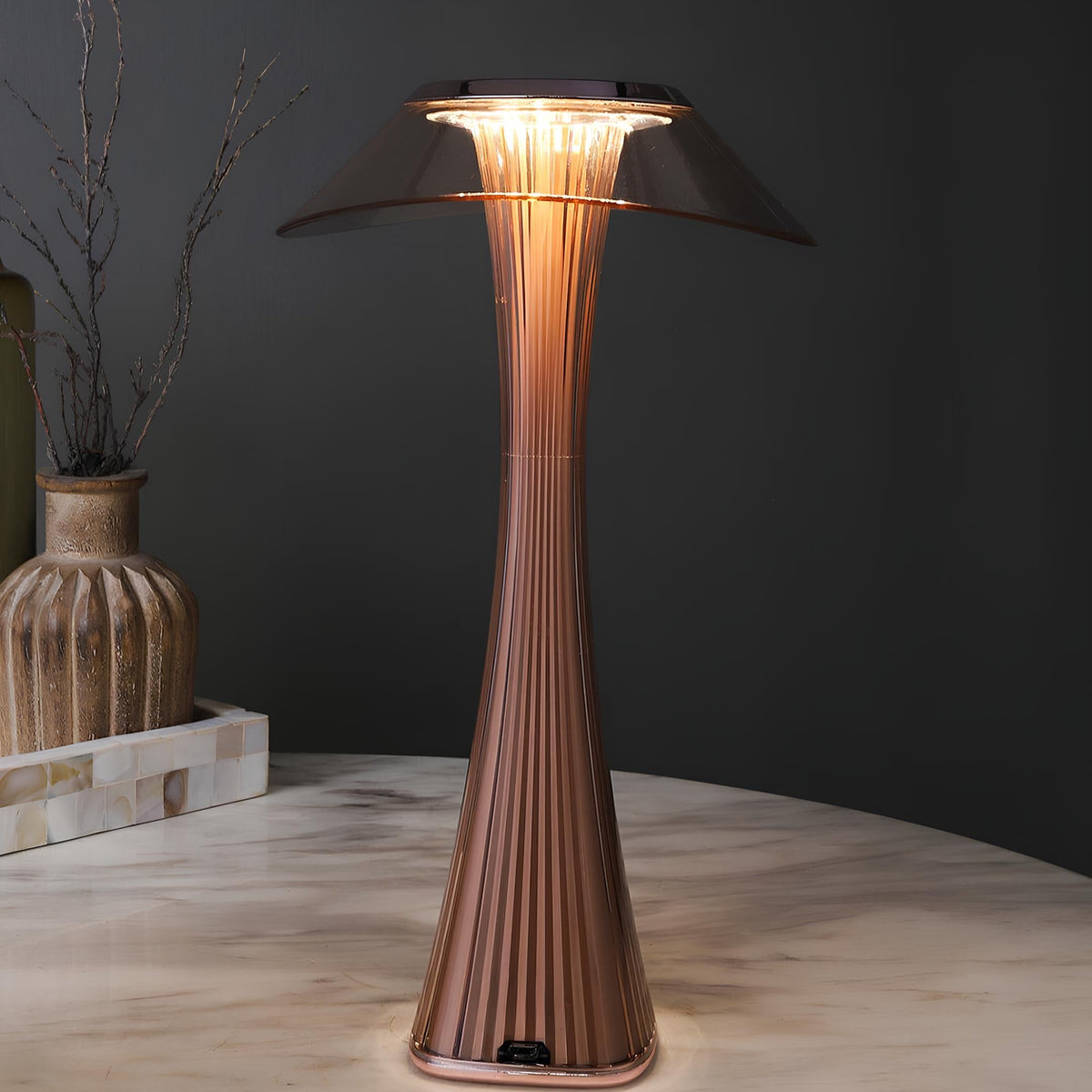 Cordless Table Lamp ABS | Rose Gold or Black, Curved Design | Rechargeable, 3-Colour Dimmable Light
