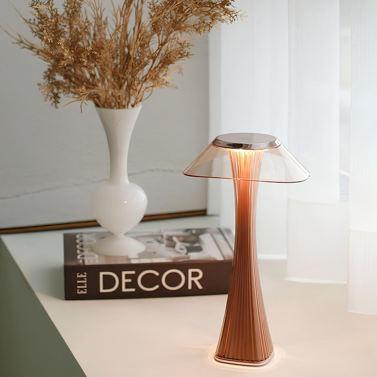 Cordless Table Lamp ABS | Rose Gold or Black, Curved Design | Rechargeable, 3-Colour Dimmable Light