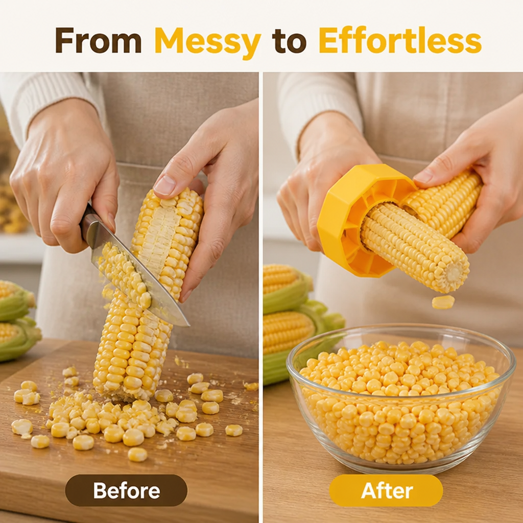 Corn Kernel Remover Stainless Steel Blade | Ergonomic Non-Slip Grip | Fast Mess-Free Corn Stripping Tool for Kitchen