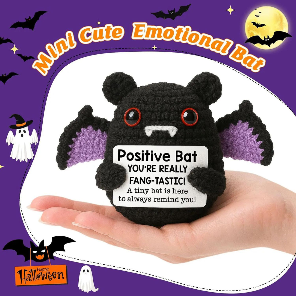 Crochet Bat Doll Halloween Decor | Includes Encouragement Card | Knitted Design for Desk, Shelf or Room Display