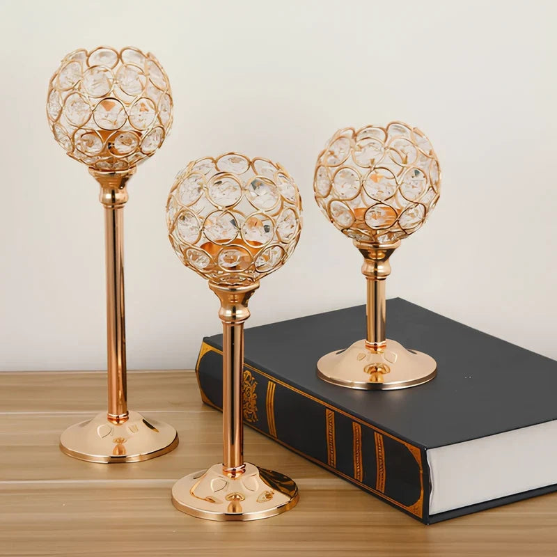 Crystal Sphere Candle Holder | Glass and Iron, Gold or Silver | Faceted Beads Reflect Candlelight, 3 Sizes or Set of 3