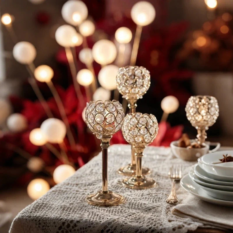 Crystal Sphere Candle Holder | Glass and Iron, Gold or Silver | Faceted Beads Reflect Candlelight, 3 Sizes or Set of 3