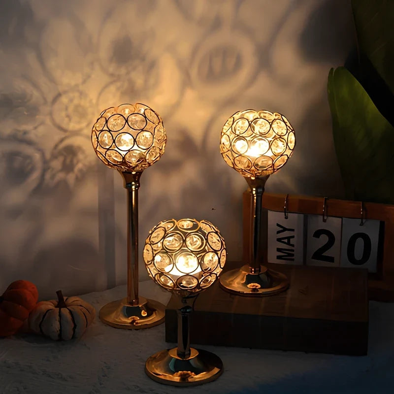 Crystal Sphere Candle Holder | Glass and Iron, Gold or Silver | Faceted Beads Reflect Candlelight, 3 Sizes or Set of 3