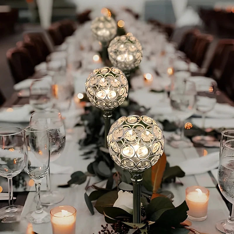 Crystal Sphere Candle Holder | Glass and Iron, Gold or Silver | Faceted Beads Reflect Candlelight, 3 Sizes or Set of 3