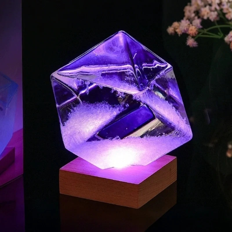 Crystal Weather Lamp Glass & Wood | Water Drop or Cube Shape, USB or Battery Powered | 7-Colour LED, Crystals React to Temperature