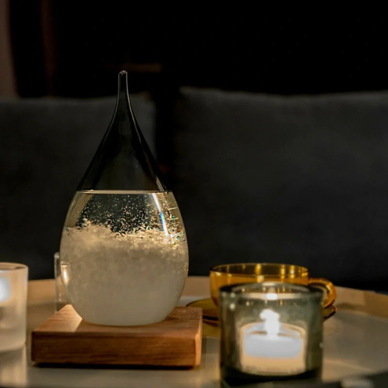 Crystal Weather Lamp Glass & Wood | Water Drop or Cube Shape, USB or Battery Powered | 7-Colour LED, Crystals React to Temperature