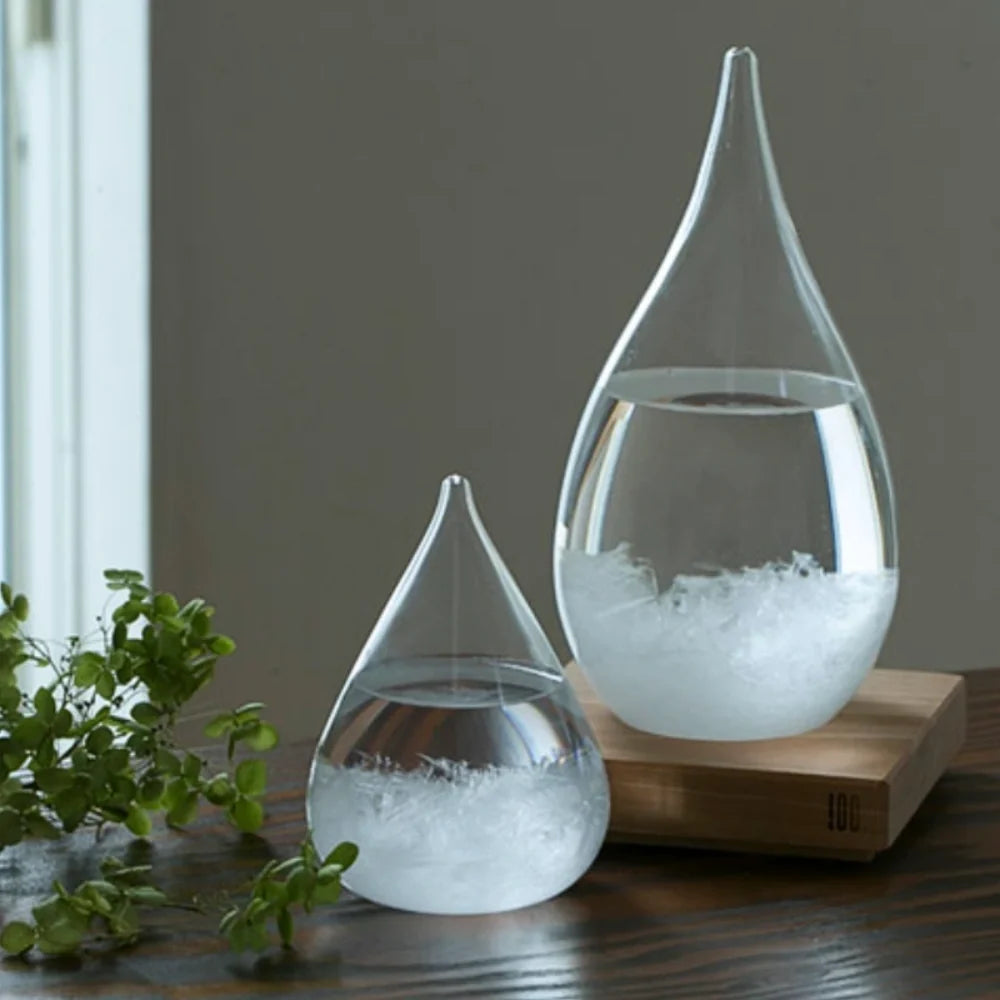 Crystal Weather Lamp Glass & Wood | Water Drop or Cube Shape, USB or Battery Powered | 7-Colour LED, Crystals React to Temperature