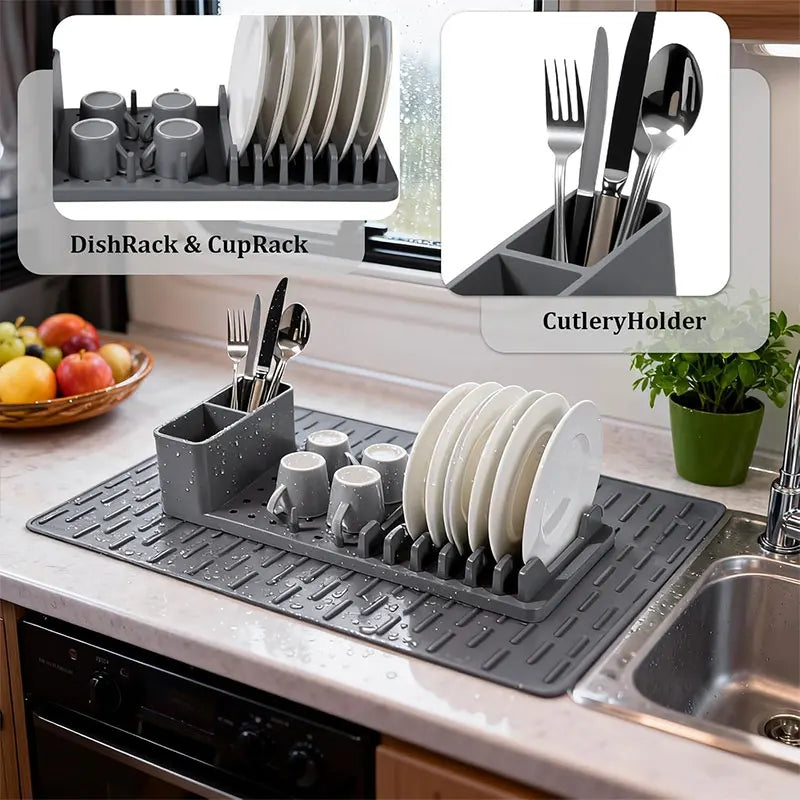 Dish Rack Set | Ribbed Drying Mat With Cutlery Caddy