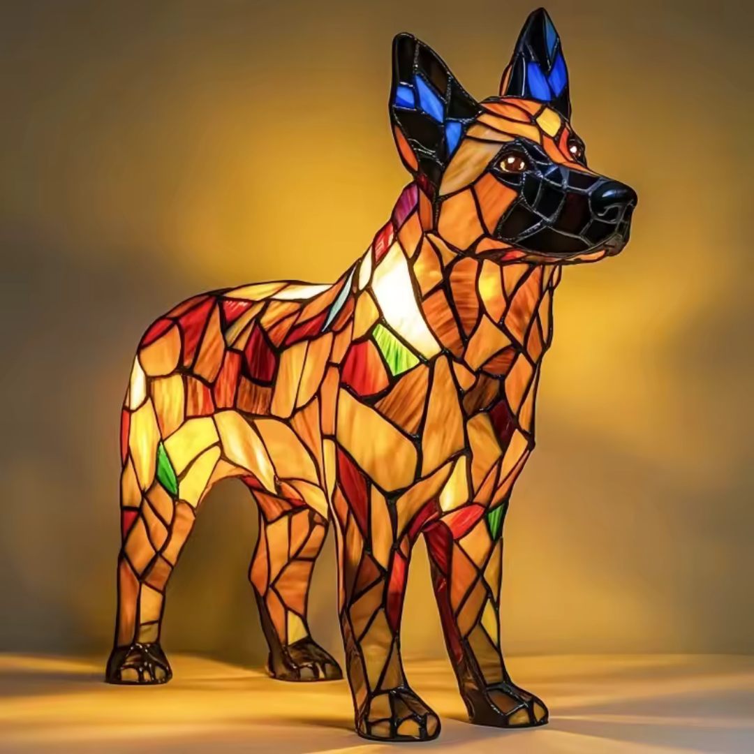 Dog Table Lamp | Standing Mosaic Figure, Warm Lit Glow