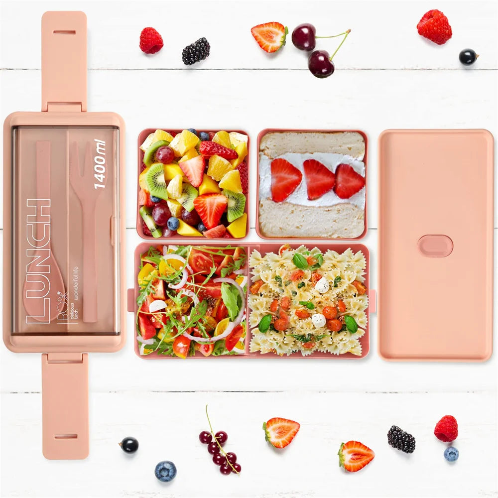 Double Layer Bento Box | 1400ml Portable Lunch Box with Fork & Spoon