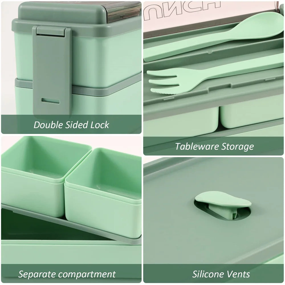Double Layer Bento Box | 1400ml Portable Lunch Box with Fork & Spoon