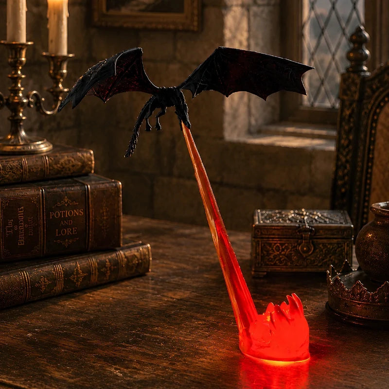 Dragon Night Light | Flying Dragon Silhouette with Fire-Breathing Illusion | Cordless, 3D-Printed PLA, Large or Small