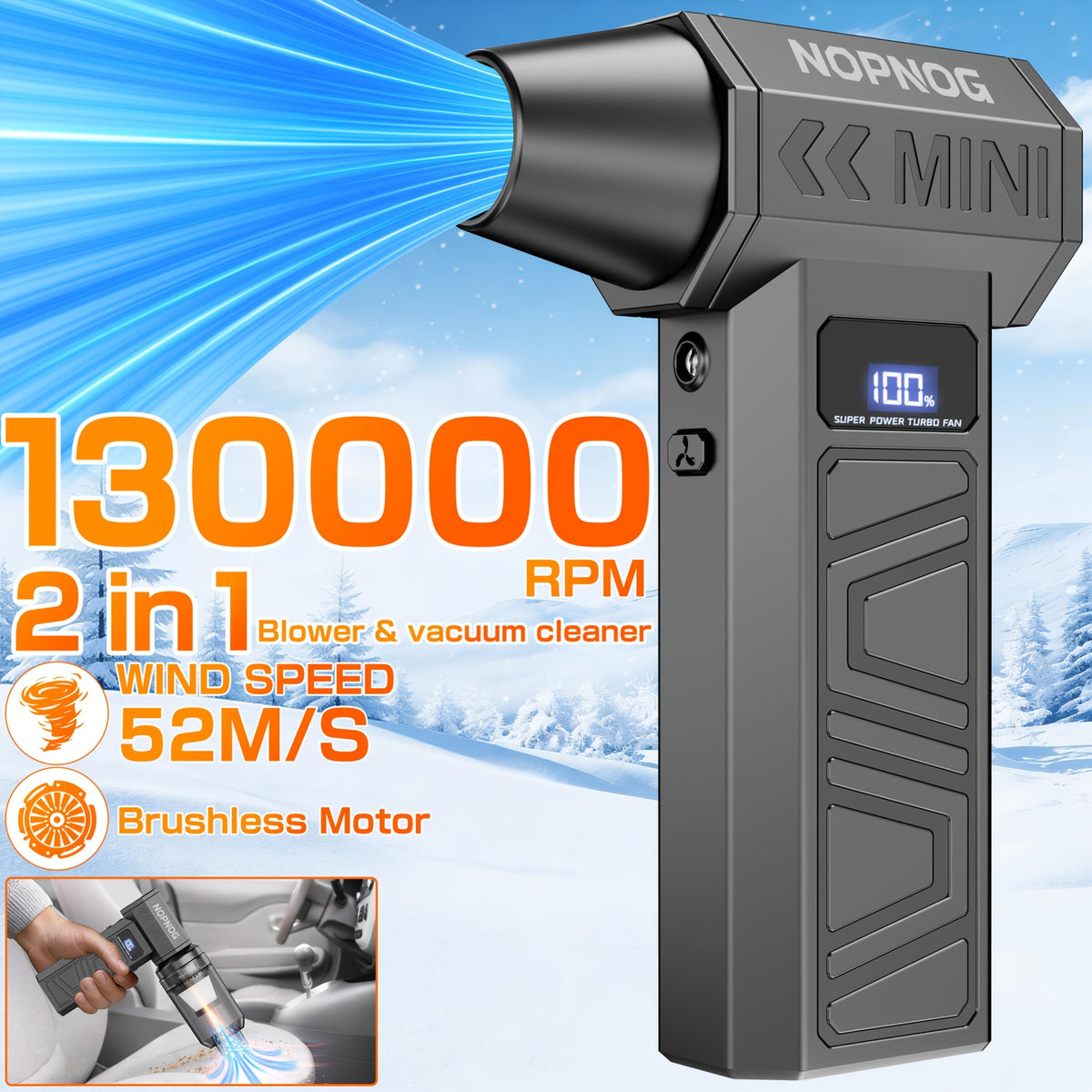 Electric Air Duster & Mini Vacuum Cleaner | 130,000 RPM Brushless Motor | 2x 4000 mAh Battery, USB-C Fast Charging