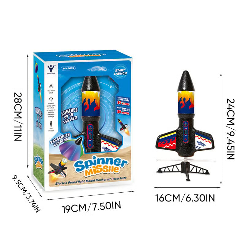 Electric Spinner Rocket Launcher Toy for Kids | USB Rechargeable Battery | LED Night Flight, Soft-Landing Design