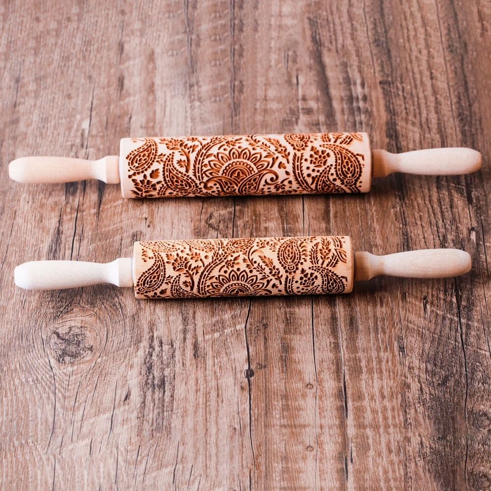 Engraved Wooden Rolling Pin | Floral & Tree Pattern Embossing | Decorative Dough Roller for Cookies, Pastries and Pie Crusts
