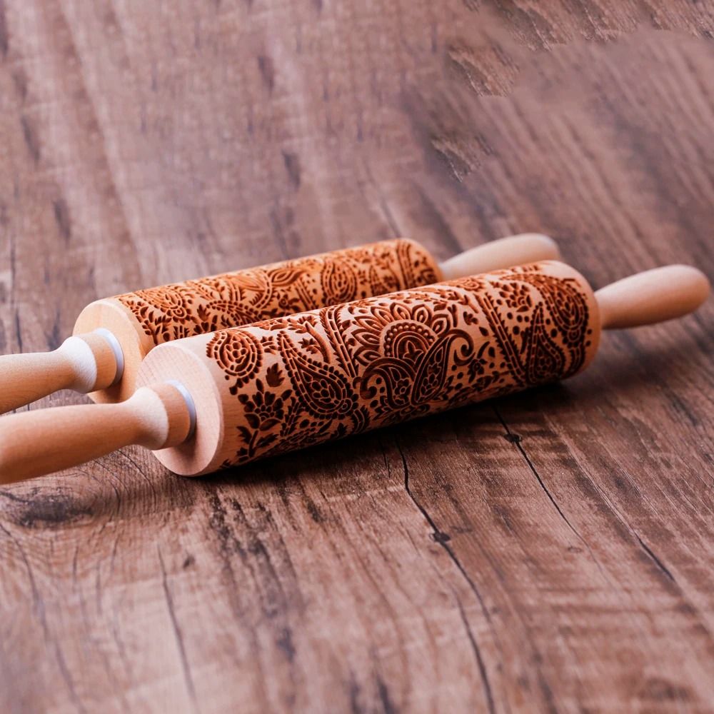 Engraved Wooden Rolling Pin | Floral & Tree Pattern Embossing | Decorative Dough Roller for Cookies, Pastries and Pie Crusts