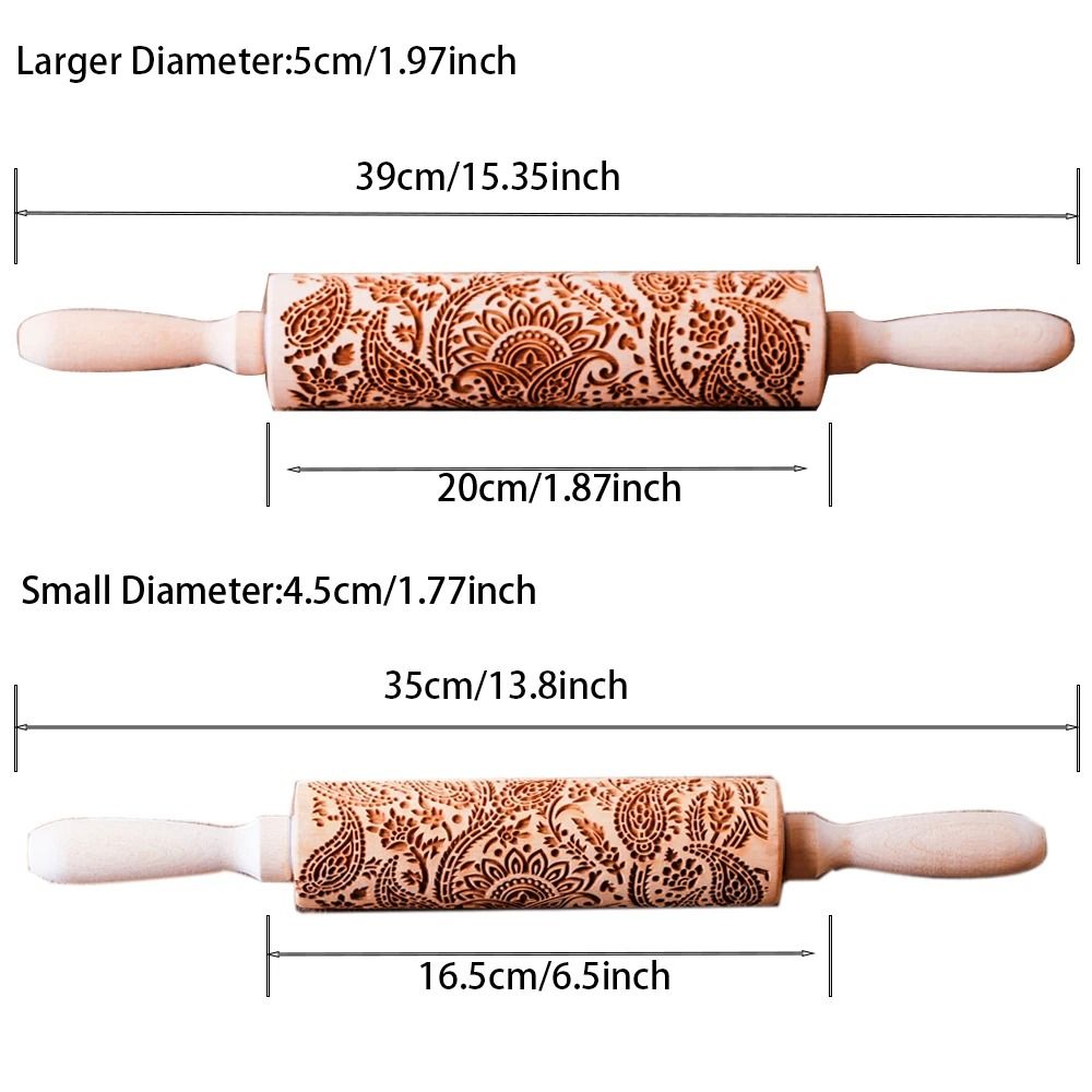 Engraved Wooden Rolling Pin | Floral & Tree Pattern Embossing | Decorative Dough Roller for Cookies, Pastries and Pie Crusts