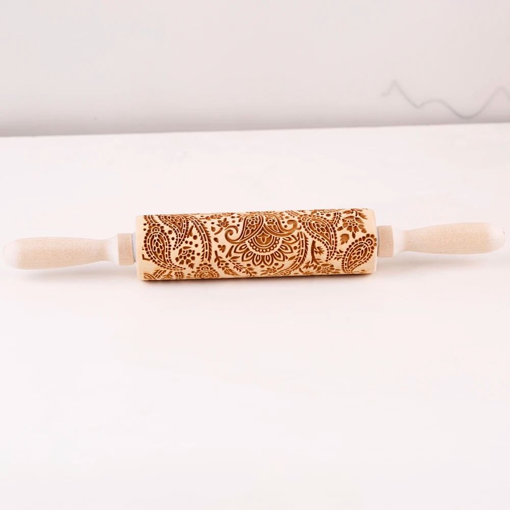 Engraved Wooden Rolling Pin | Floral & Tree Pattern Embossing | Decorative Dough Roller for Cookies, Pastries and Pie Crusts